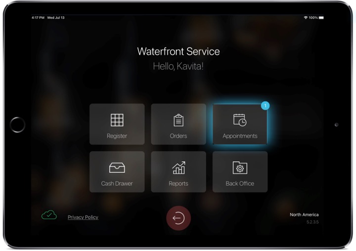 tablet view of talech register app dashboard with appointments button ...