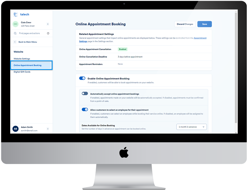 Online appointment booking settings from talech.com.