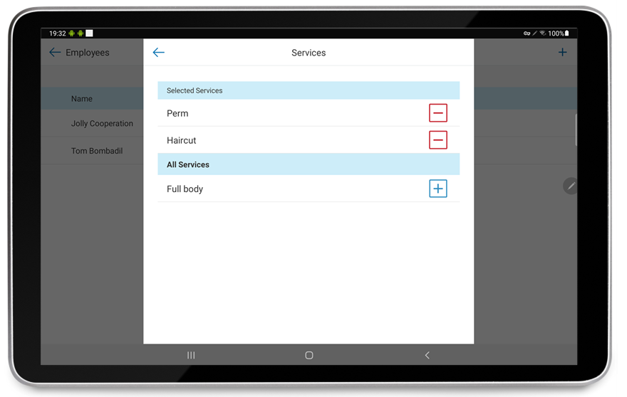 Employee role edit menu on talech register with services assigned to ...