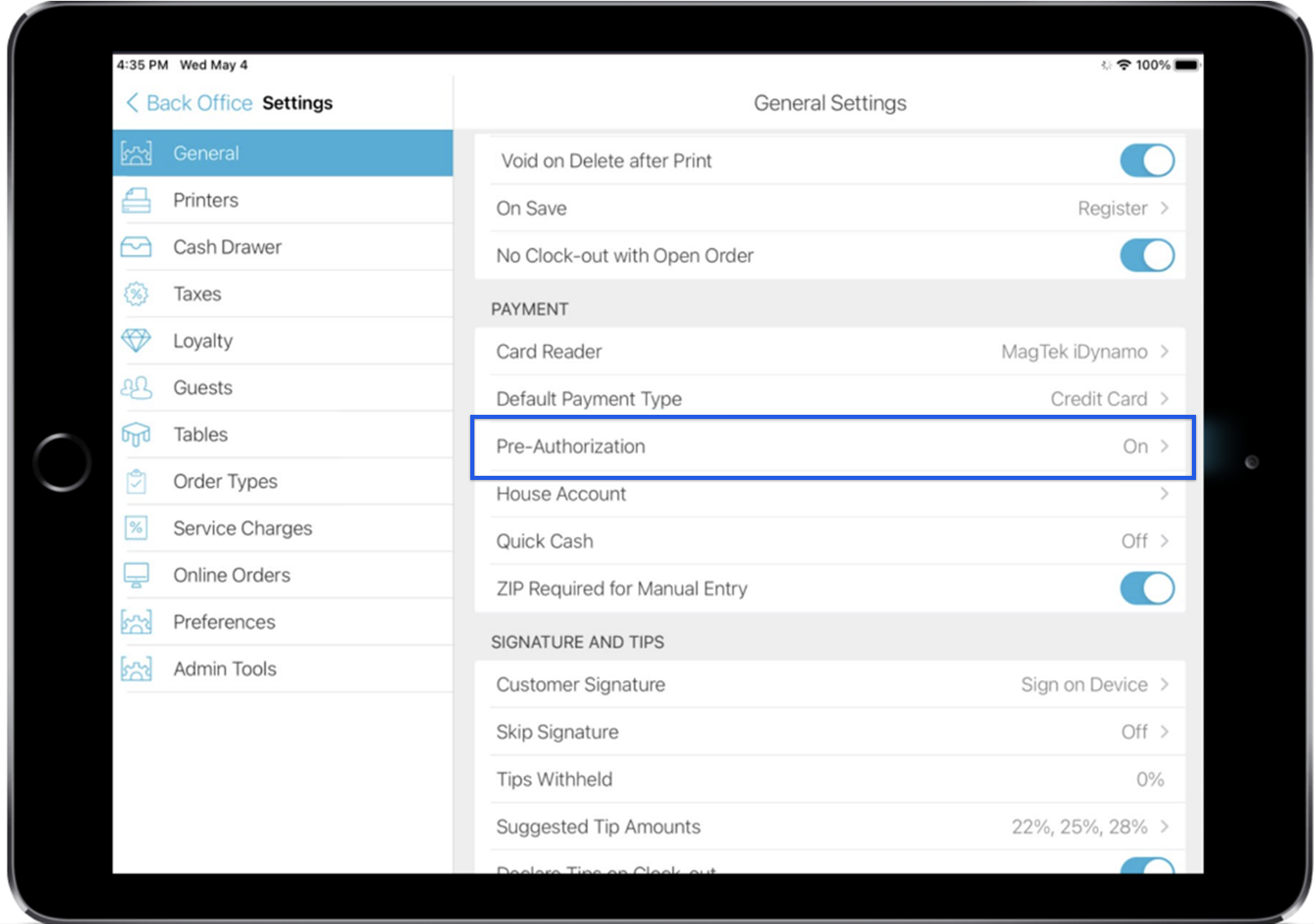 talech register app displaying back office general settings with pre-authorization set to on and highlighted
