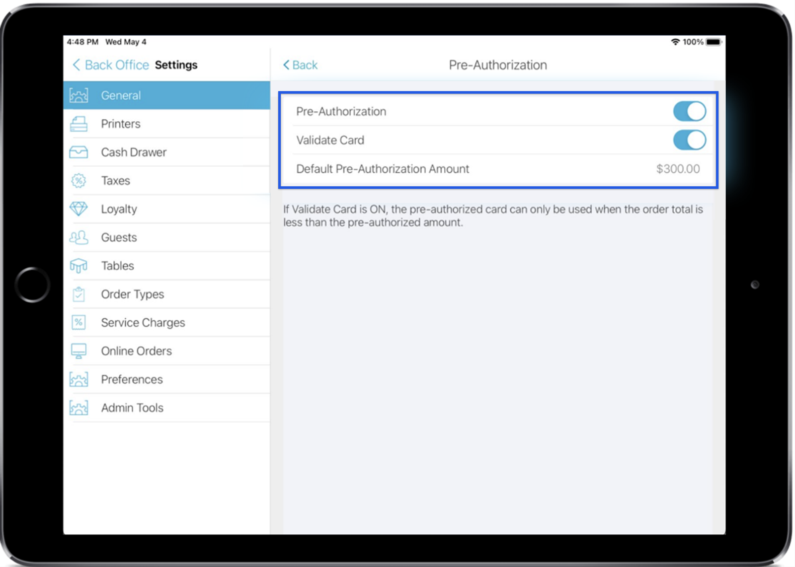 talech register app pre-authorization settings showing pre-authorization and validate card toggled on and default pre-authorization amount set