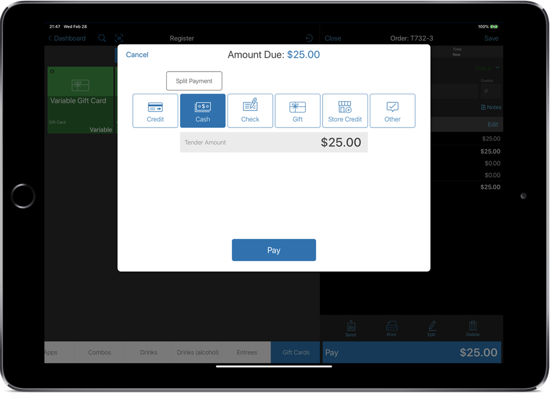 Smart device showing register pay screen.