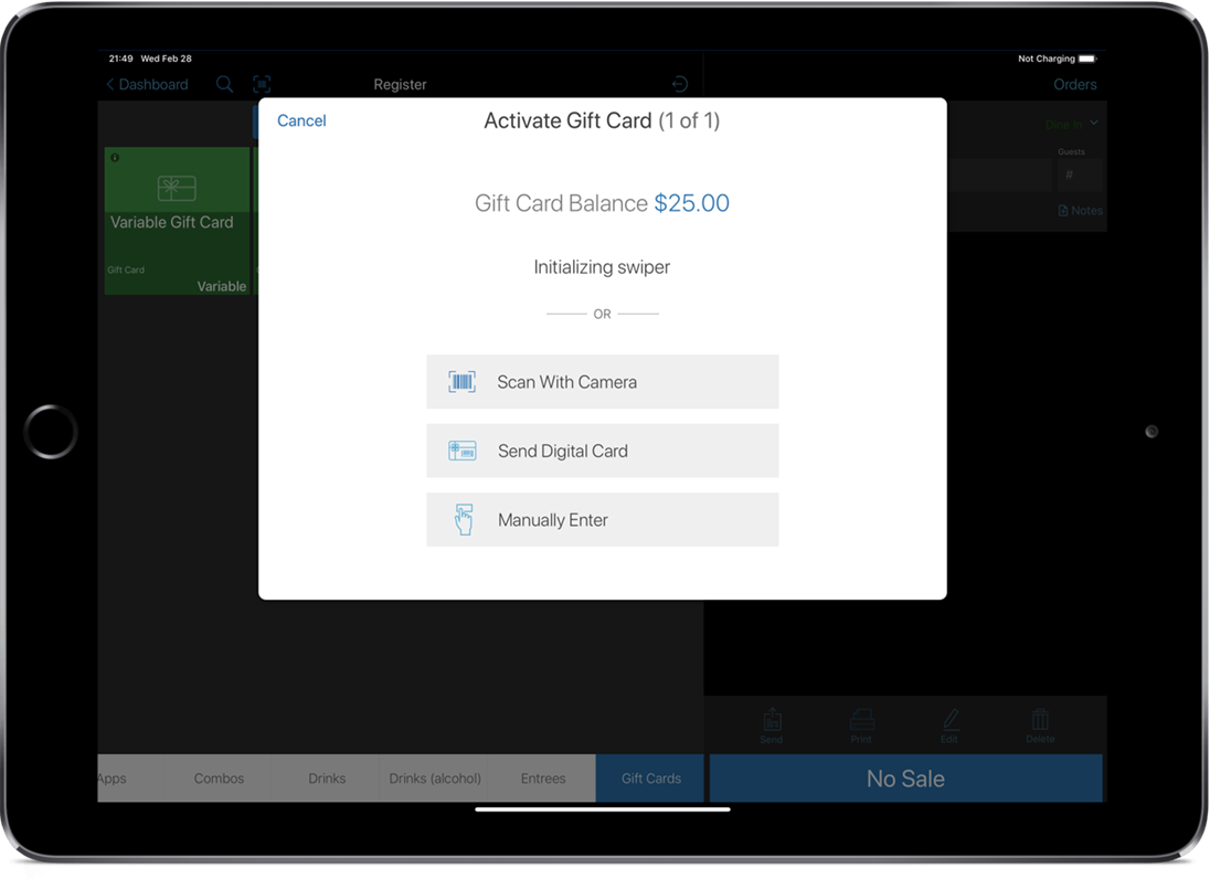 Smart device showing register activate gift card screen.