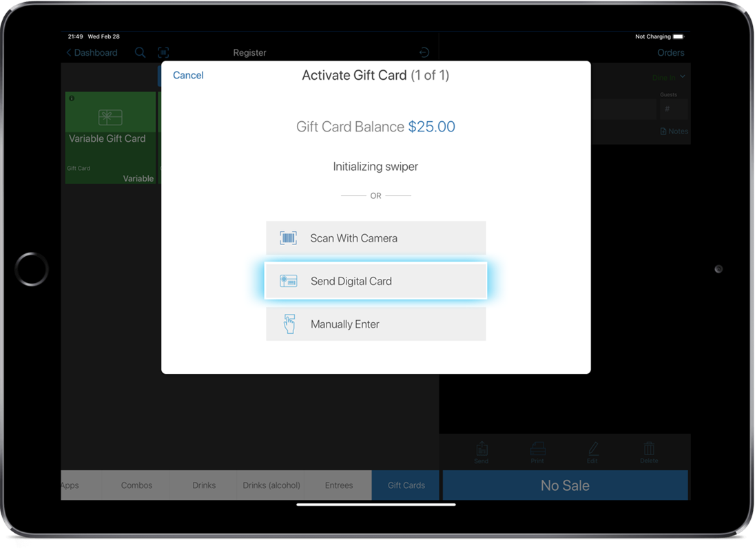 Smart device showing register activate gift card screen with send digital card option highlighted.