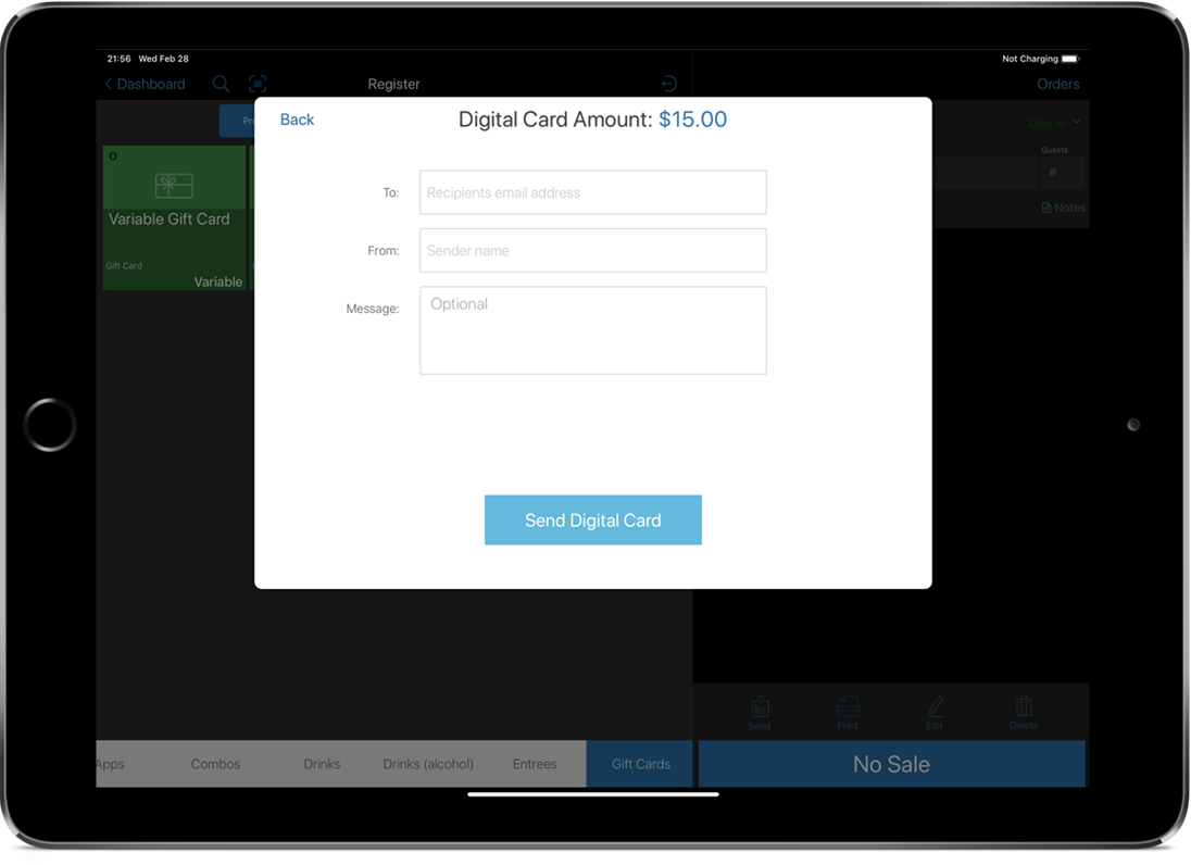 Smart device showing the digital gift card form on register.