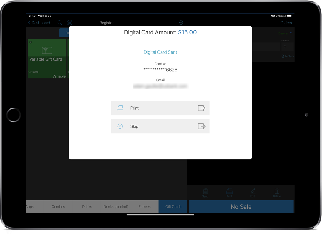 Smart device showing the digital gift card confirmation on register.
