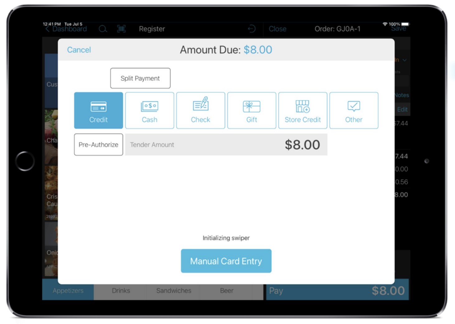register app amount due screen with options for different payment types