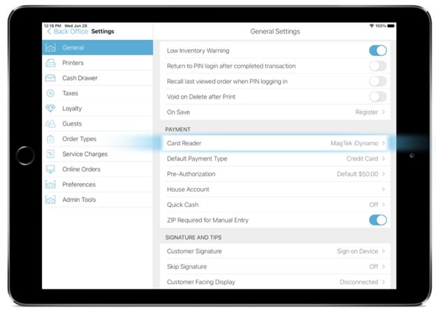 register app back office payments settings screen with card reader option highlighted