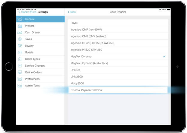 register app back office card reader settings screen with external payment terminal option highlighted