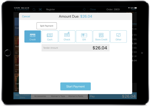 register app amount due screen with credit card selected as payment type