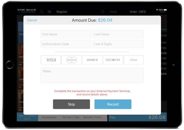 register app amount due screen with input boxes for credit card information