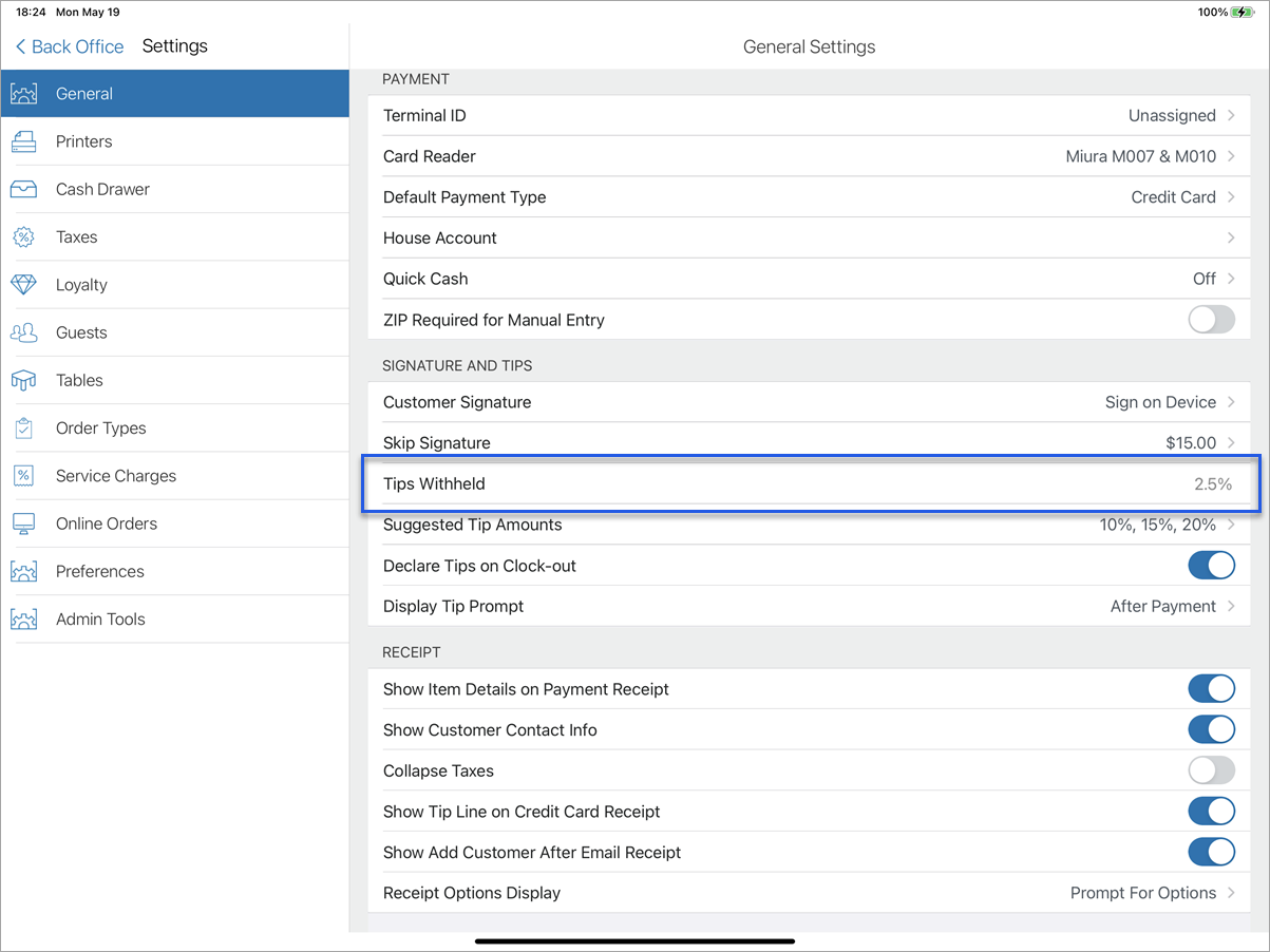 Settings screen with tips withheld option highlighted