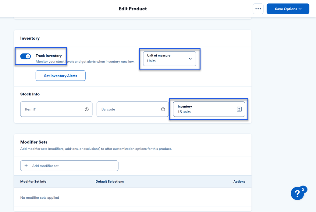 Edit a product screen with track inventory options highlighted.
