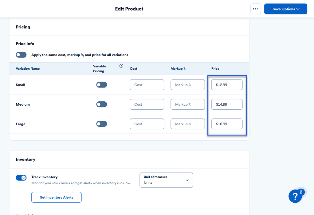 Edit a product screen with pricing info settings highlighted.