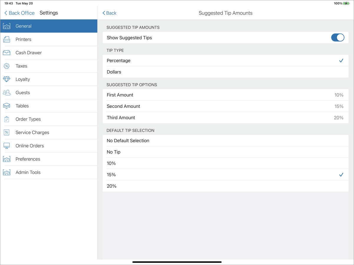 register app suggested tip amounts settings screen with options for tip type suggested tip options and default tip selection