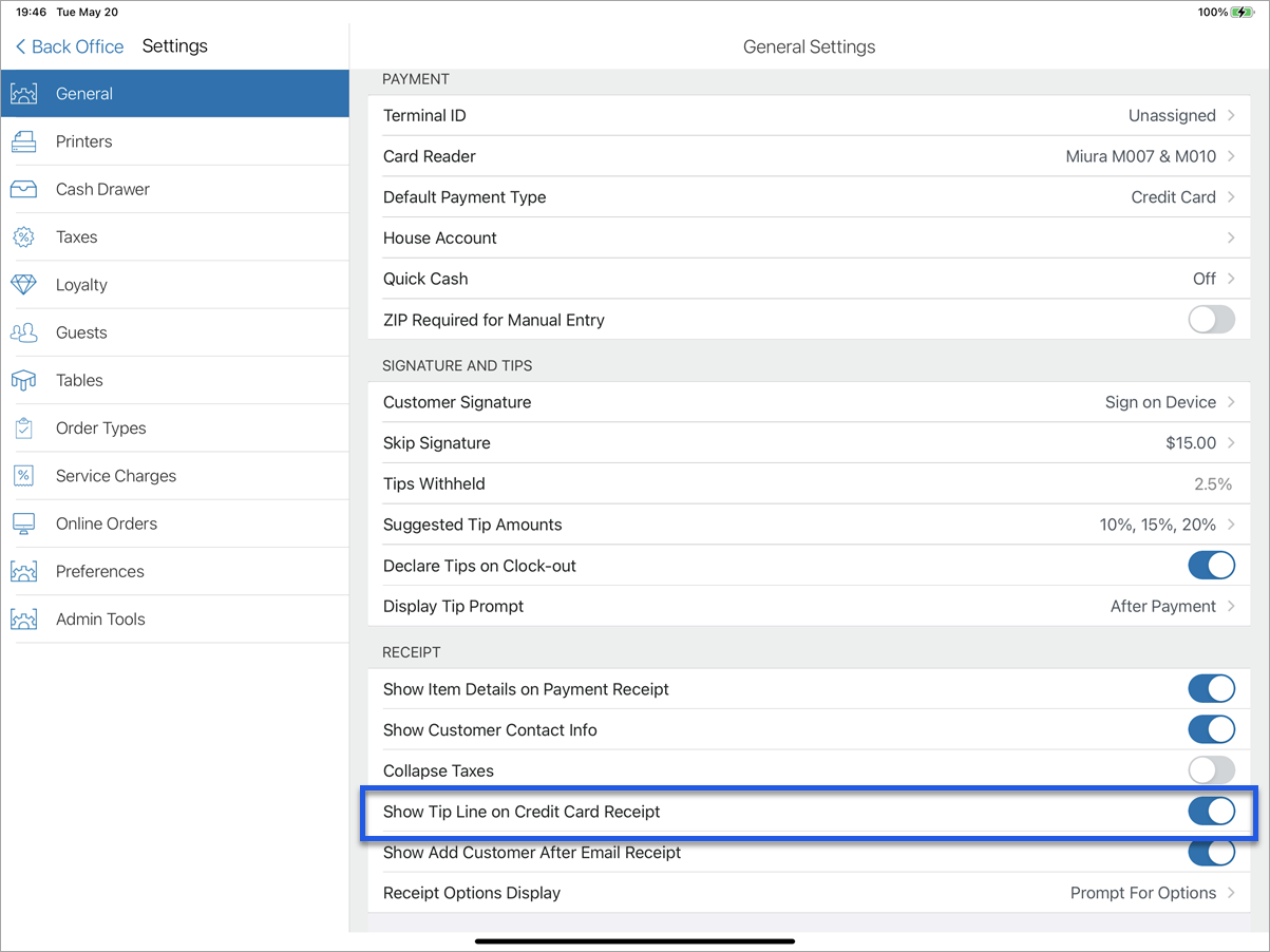 register app suggested tip settings with show tip line on credit card receipt option selected