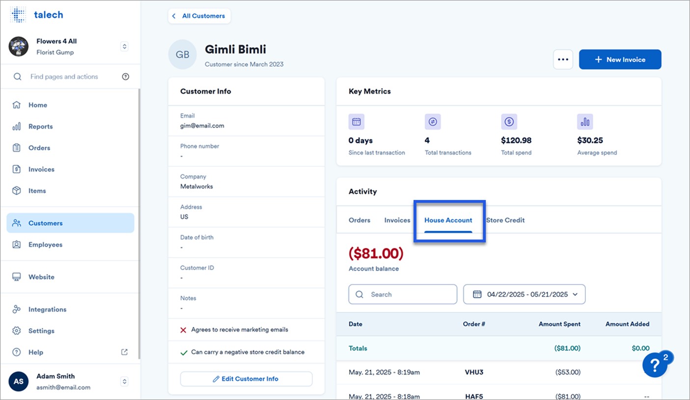Customer profile screen with house account tab highlighted.