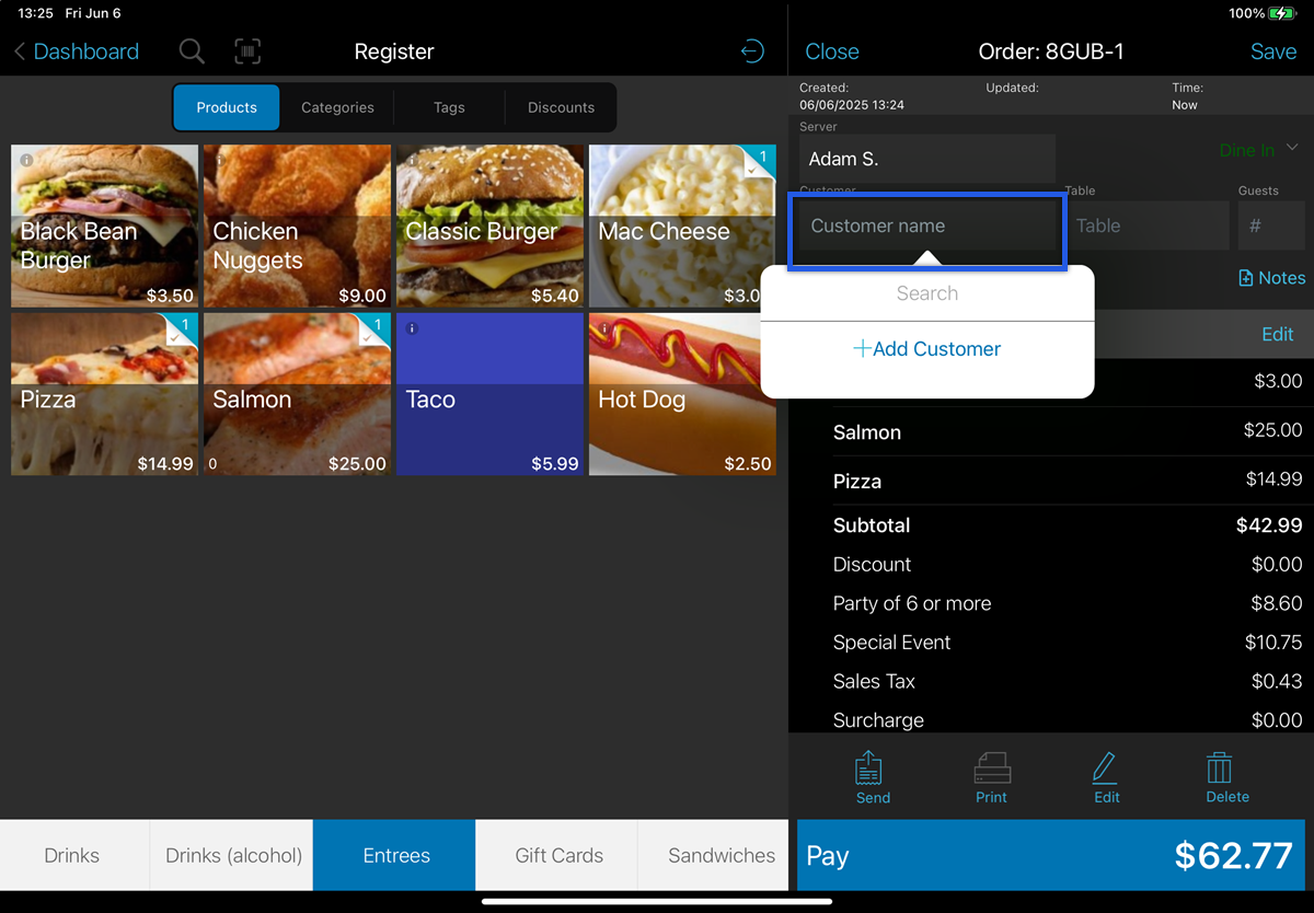 open order screen with customer being added.