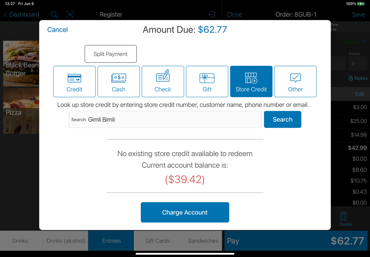 charge screen with customer account added.