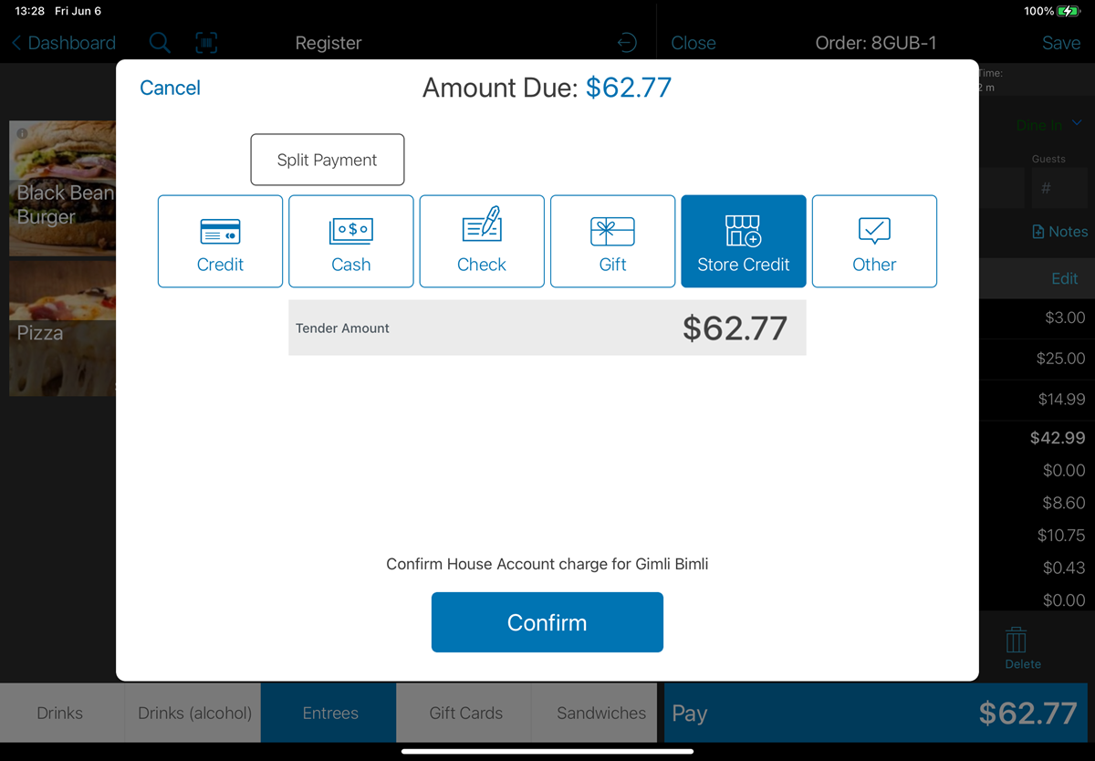 charge screen with store credit selected.