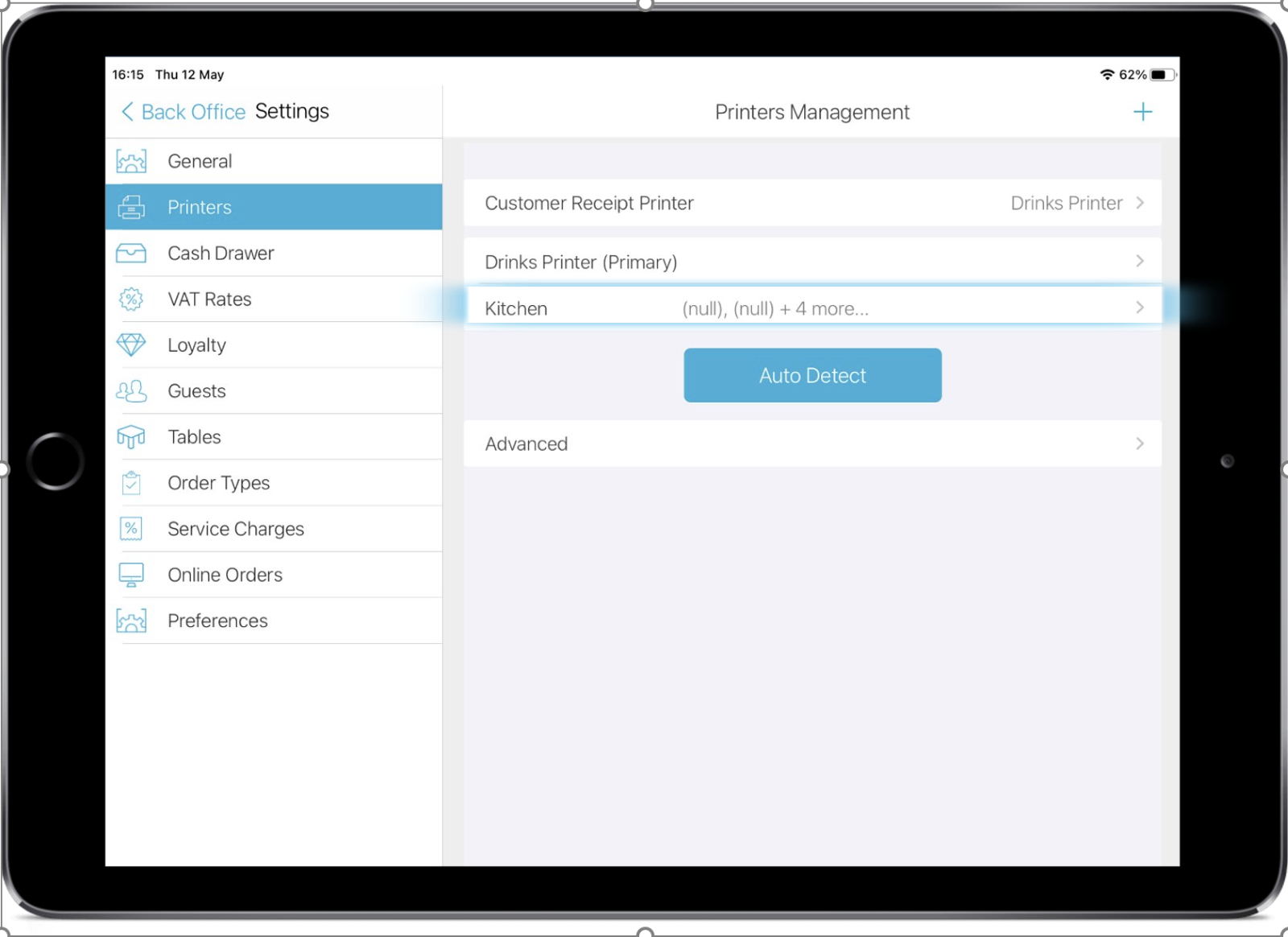Smart device showing printer management settings.