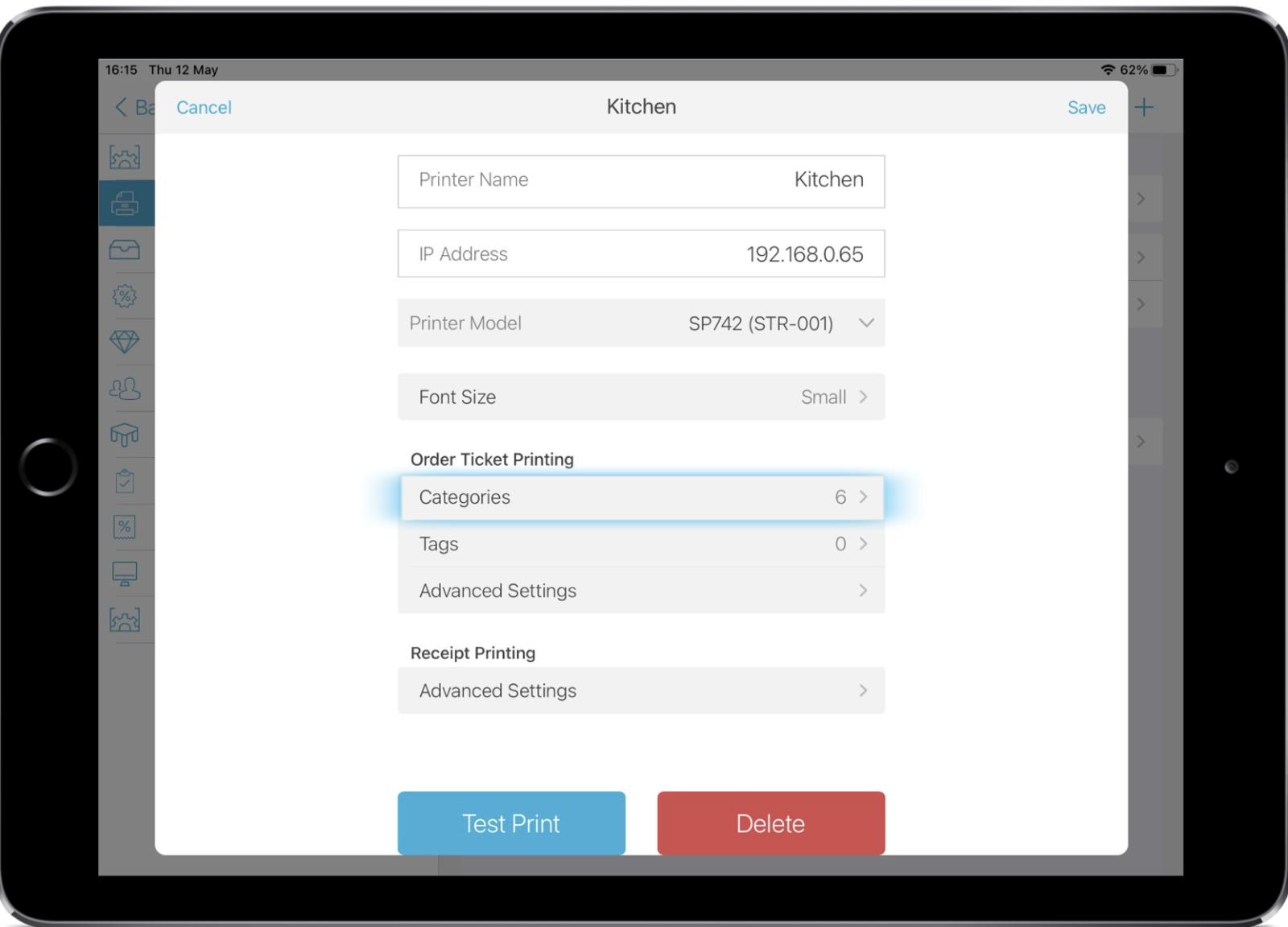 Smart device showing individual printer settings.