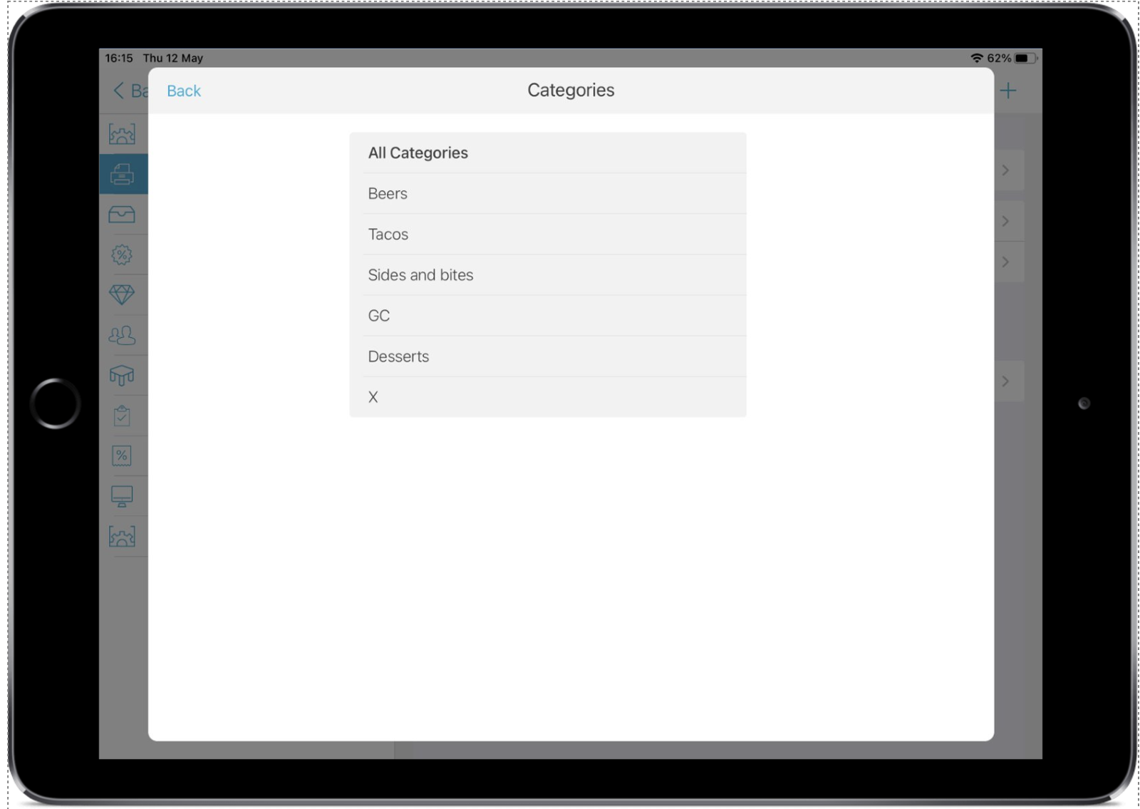 Smart device showing categories selection from printer settings.