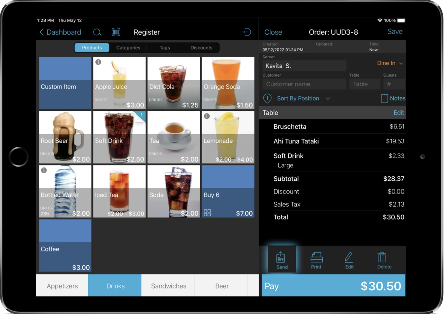 Smart device showing menu screen on register.