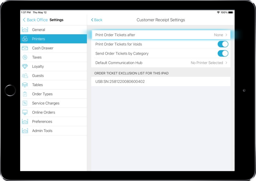 Smart device showing customer receipt settings.