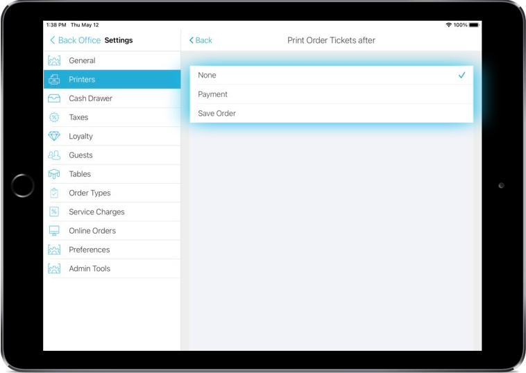 Smart device showing print order tickets setting.