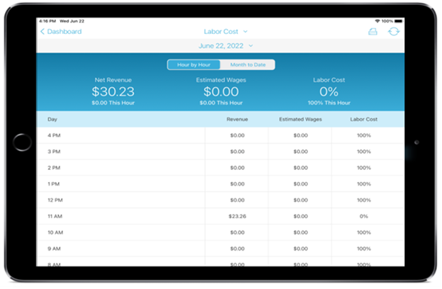 smart device showing the labor cost report on register.
