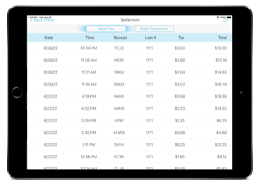 talech register app back office tip settlement screen with adjust tips button highlighted