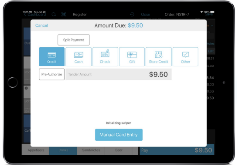 talech register app payment screen with credit option highlighted and manual card entry button available