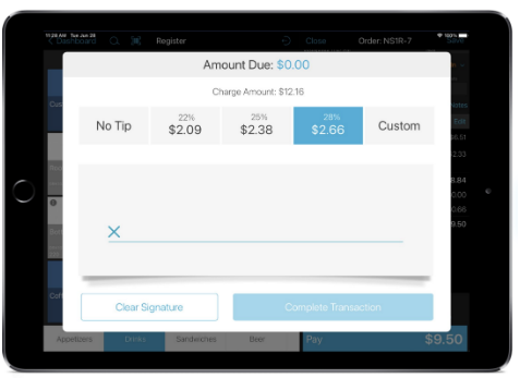 talech register app sign on device screen with tip options and clear signature and complete transaction buttons available