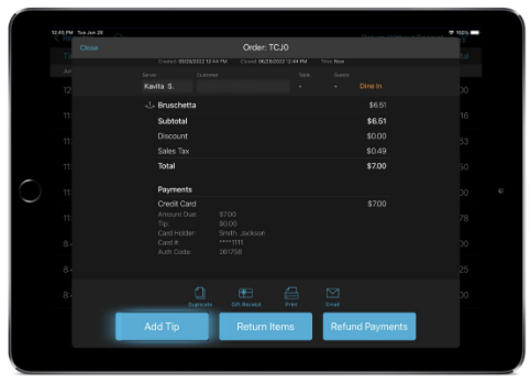 talech register app displaying closed order with add tip button highlighted