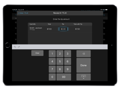 talech register app closed order add tip amount overlay with tip input field highlighted