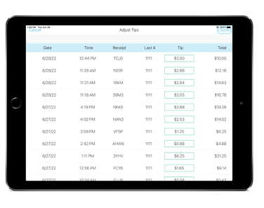 talech register app adjust tips screen showing a list of closed orders from the current shift and tip input field for each order and done button highlighted