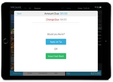 talech register app overpayment overlay with options to apply overpayment apply as tip or issue cash back
