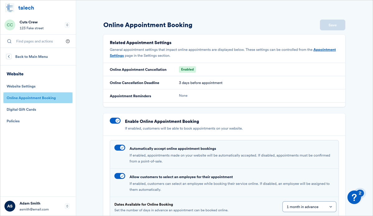 Online appointment booking settings.
