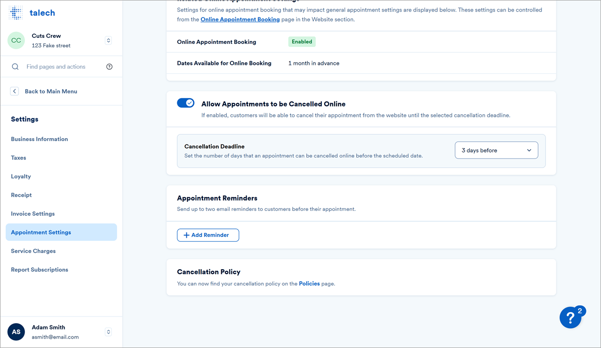 Appointment settings showing the cancellation options.