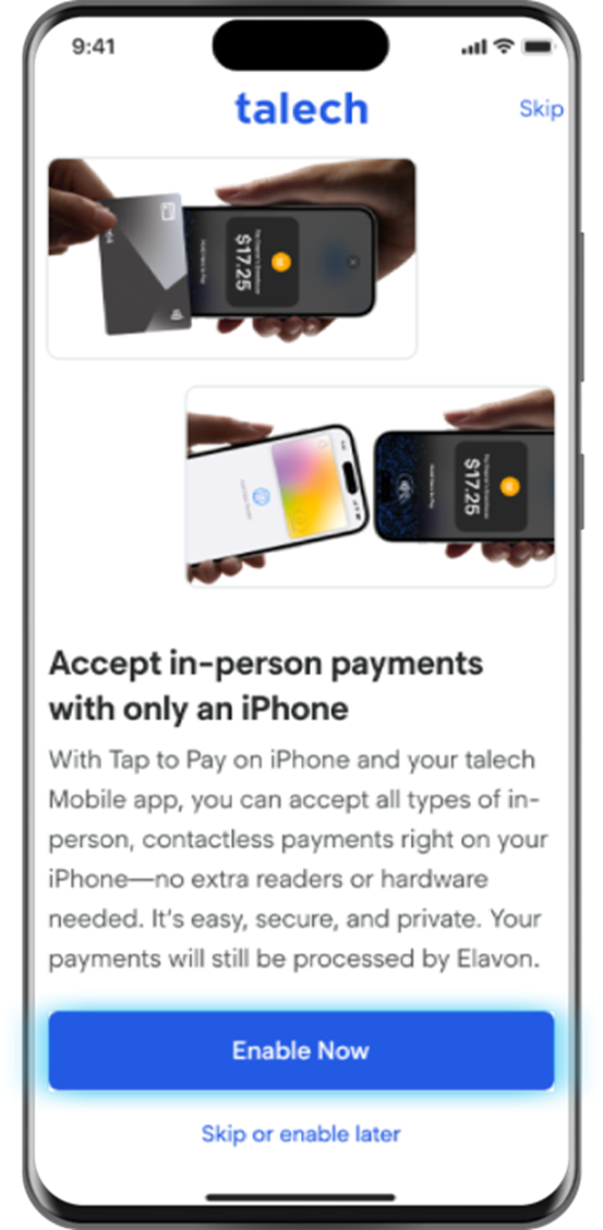 Mobile phone showing Tap to Pay on iPhone setup screen.