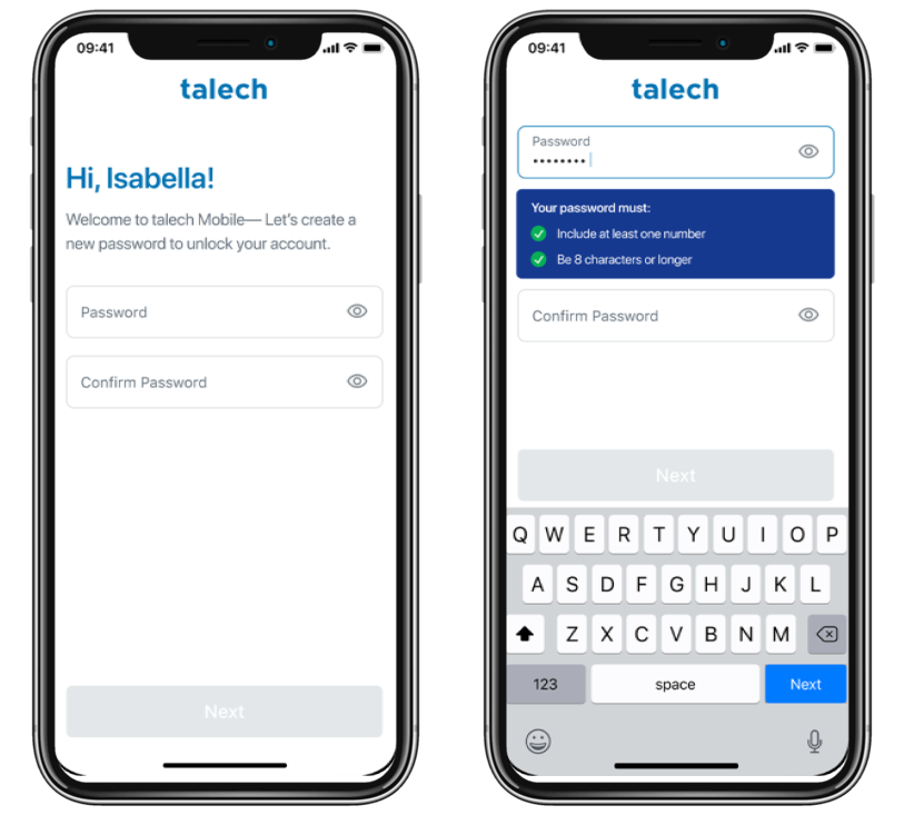 Two smartphones, one showing the password screen with blank fields and one showing a password being entered.