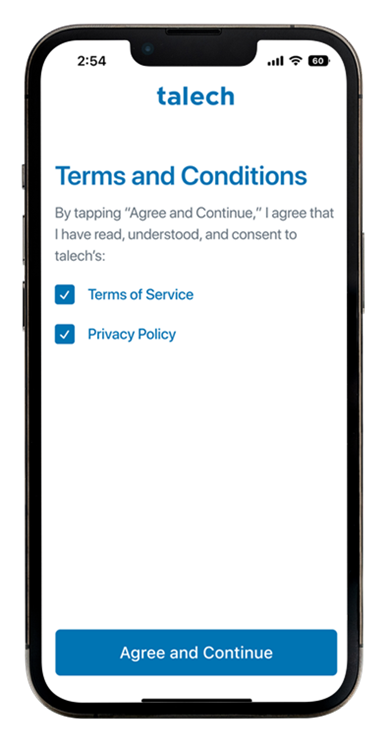 Smartphone showing the terms and conditions with checkboxes checked.