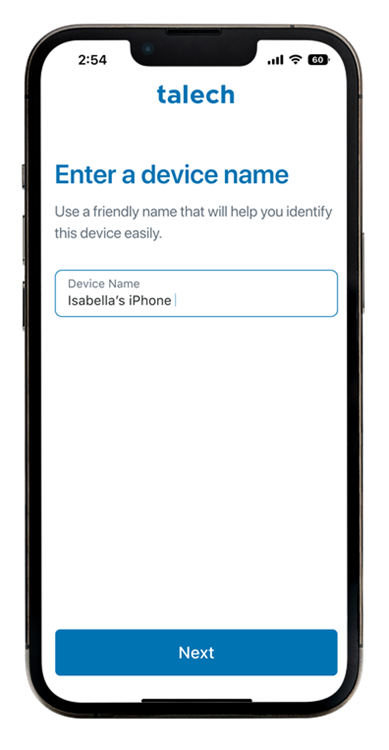 Smartphone showing the enter a device name screen.