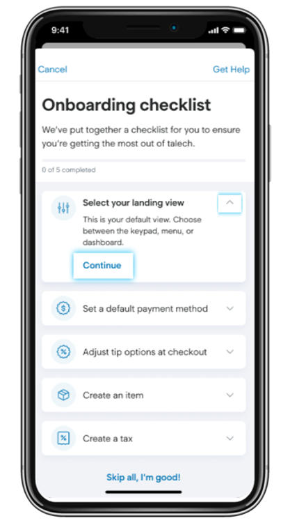 Smartphone showing the onboarding checklist with the chevron and continue buttons highlighted.