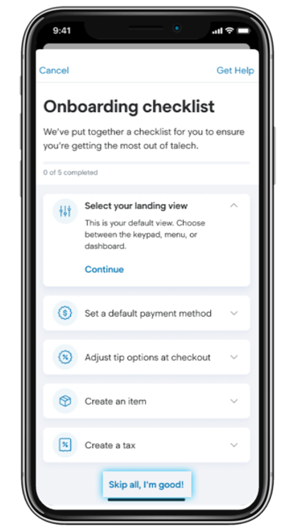 Smartphone showing the onboarding checklist screen with skip all, I'm good button highlighted.