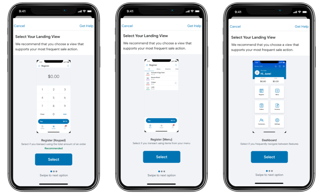 Three smartphones showing the three different landing view previews.