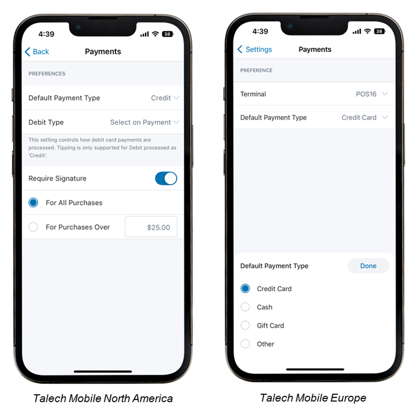 Two smartphones showing the payment settings for north america and europe.