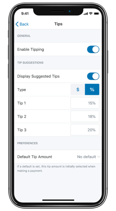 Smartphone showing the tips settings.