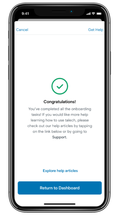 Smartphone showing the onboarding checklist complete screen.